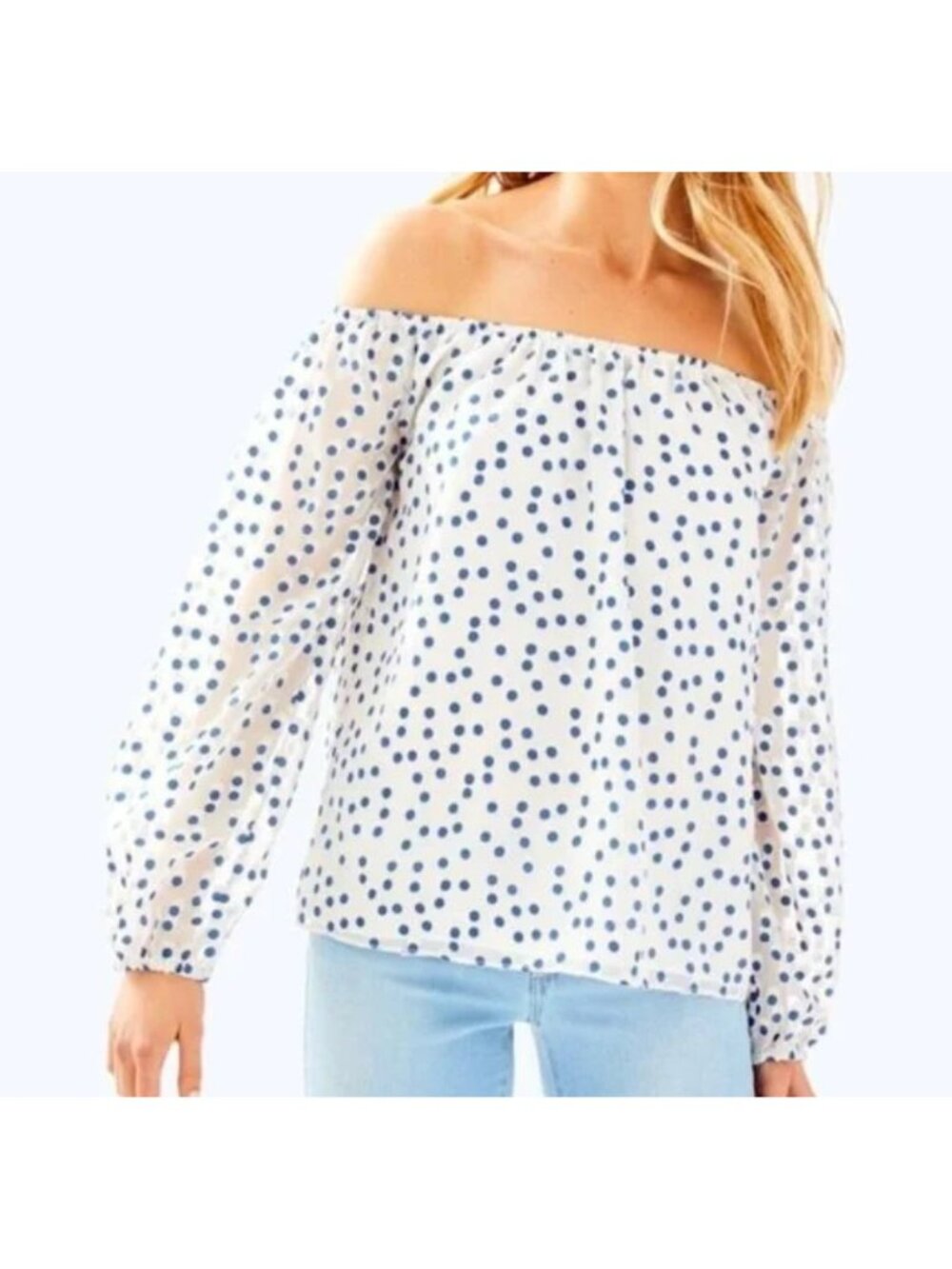 Lilly Pulitzer Lou Lou Off The Shoulder Top Bennet Blue Polka Dot Size small